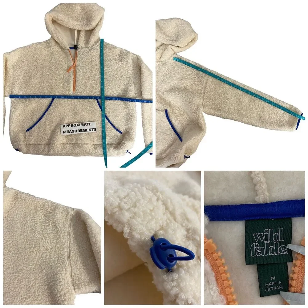 Wild Fable Sherpa Jacket Womens Medium Hooded Cream Pocket Zip Cozy Pullover - Picture 10 of 16